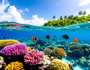 Bright Coral Reefs and Marine Life in Crystal Clear Ocean