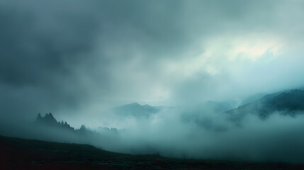 Fototapeta premium Mystical Mountain Whispers: A captivating atmospheric shot of mist-covered mountains, shrouded in an ethereal haze, evokes a sense of mystery and solitude. 