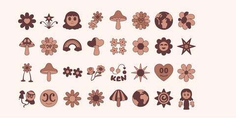 A collection of retro style icons featuring flowers mushrooms planets and other whimsical designs in brown tones