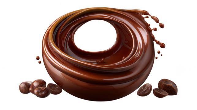 A swirling splash of rich, dark chocolate forms a circular shape with scattered cocoa beans isolated on transparent background