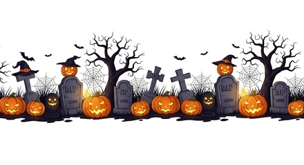 A halloween border with pumpkins tombstones bats and bare trees against a white background design art