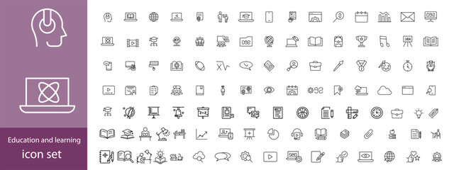 Education and learning icon set Outline vector icons related with education, success, academic subjects and more.