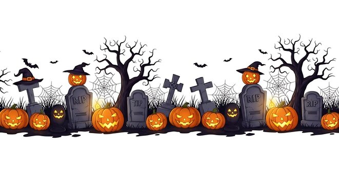A halloween border with pumpkins tombstones bats and bare trees against a white background design art - Powered by Adobe