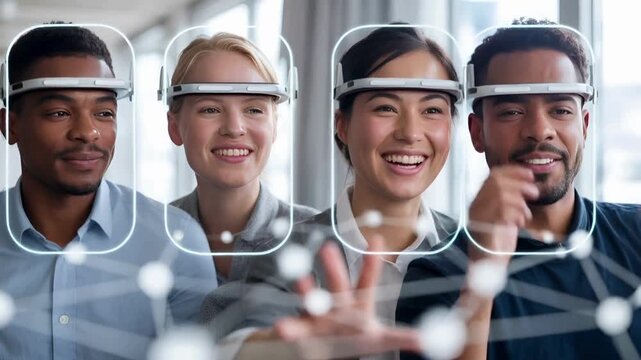 Diverse Team Collaborating with Futuristic Smart Glasses in Modern Office - Powered by Adobe