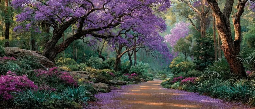 A vibrant scene of blooming jacaranda trees, their purple petals falling gently onto a sunlit path