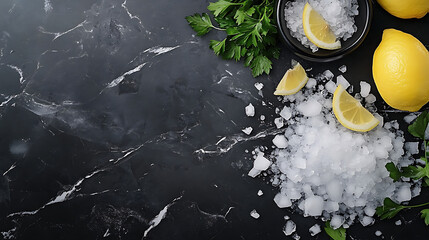 Wild-caught salmon filet laid on crushed ice with sea salt, parsley, and lemon wedges 