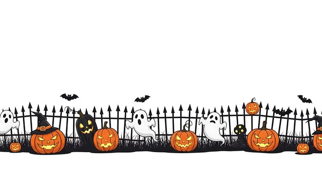 Halloween border with pumpkins ghosts and bats behind a black fence on a white background