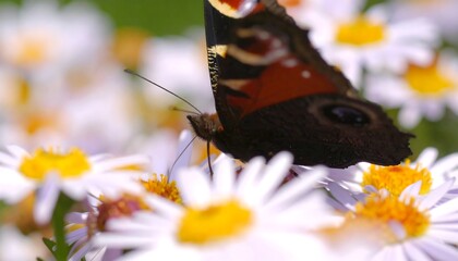 Butterfly with spread wings feeding on white flowers