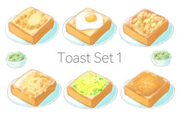 水彩風の6種のトーストセットイラスト(Toast Set 1)