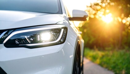 Close-up of a white car's headlight at sunset