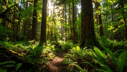 Dense Green Forest with Tall Sunlit Trees