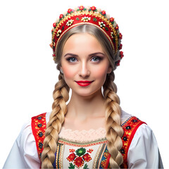 Portrait of a Young Woman in Traditional Slavic Headdress and Clothing