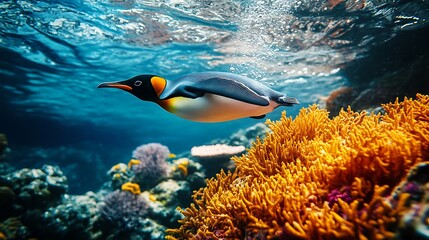 Colorful reef fish swim beneath elegant diving penguin high resolution picture