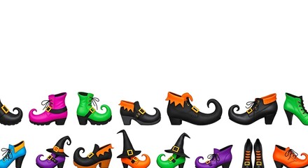 A colorful assortment of witch shoes and hats arranged in rows on a white background for halloween