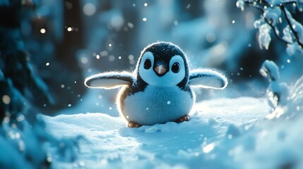 Obraz premium Cute penguin sliding belly first on icy snow high resolution picture