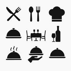 Fototapeta na wymiar Elegant Culinary Vector Icon Set – Chef Hat, Cutlery, Wine, Covered Dish for Restaurant Menus, Hospitality Branding, Blogs, and Food UI Projects