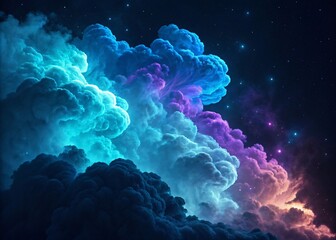 Ethereal nebula cloudscape glowing with vibrant blue and purple hues against a star-filled cosmos. Abstract cosmic background.