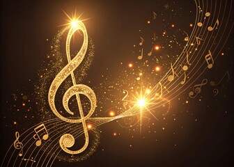 Elegant musical symphony concept with a glowing golden treble clef and flowing notes. Abstract generative art. 009gen