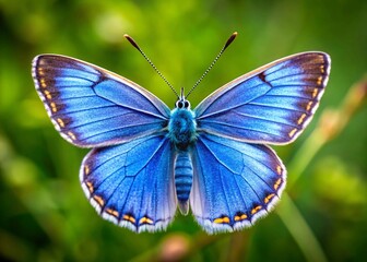 Vibrant blue butterfly with wings fully spread, showing intricate patterns and colors. A detailed macro shot against a lush green natural background.