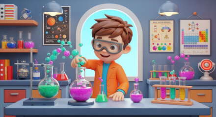 [Cartoon scientist in lab, illustration]