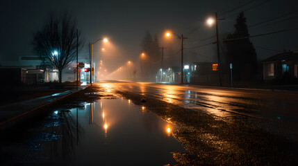 Streetlights in Misty Night: An atmospheric, moody street scene at night, featuring glowing streetlights casting a warm, hazy glow upon the wet asphalt road.