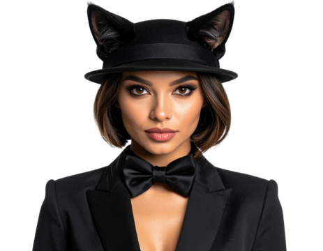 Young woman wearing black cat ear hat and bow tie with confident expression