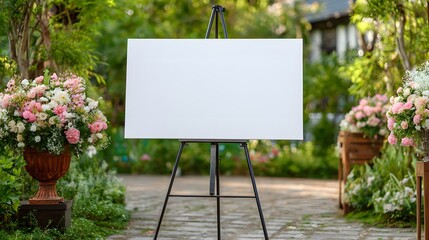 Blank canvas on an easel at a garden wedding venue with floral arrangements and greenery