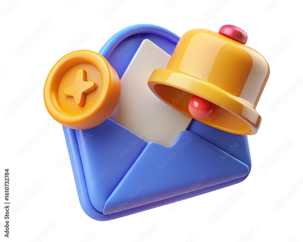 Poster 3d render of blue envelope with new notification bell and golden coin isolated on background represe
