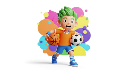 Fototapeta premium Boy with a Basketball and Soccer Ball Illustration
