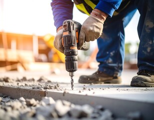 Construction worker using a drill on concrete