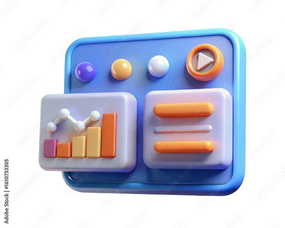Poster 3d render of dashboard interface displaying data analytics charts and media play button for business