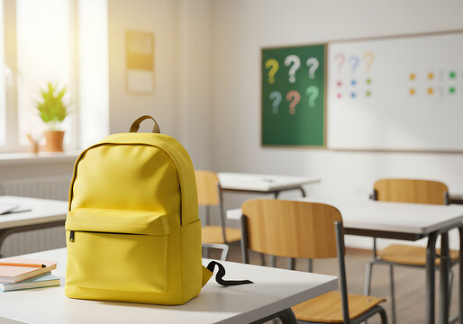 Empty classroom with a standout yellow backpack on the desk, signifying anticipation for students' return.

