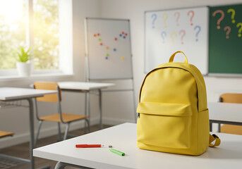 Classroom interior showcasing a vivid yellow backpack on a desk, implying readiness for study and learning.


