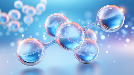 3D molecular structure with transparent glass spheres connected by golden bonds,  scientific visualization, chemistry concept art, laboratory aesthetic, floating ,nanotechnology, big data.