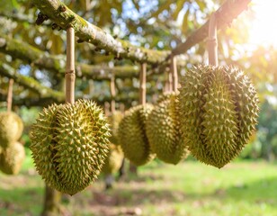 Fresh Durian Fruits Hanging on Tree Branch in Natural Farm Setting