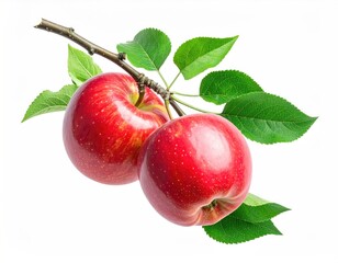 Fresh Red Apples on Branch with Green Leaves Isolated on White