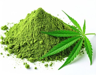 Green Powder from Cannabis Plant with Fresh Green Leaves Displayed