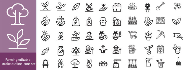 Farming editable stroke outline Icons set. Farming, agriculture, mill, harvesting, vegetables, wheat, milk and egg. Vector illustration