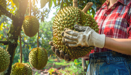 Harvesting Durian Fruit in Tropical Orchard with Worker in Gloves