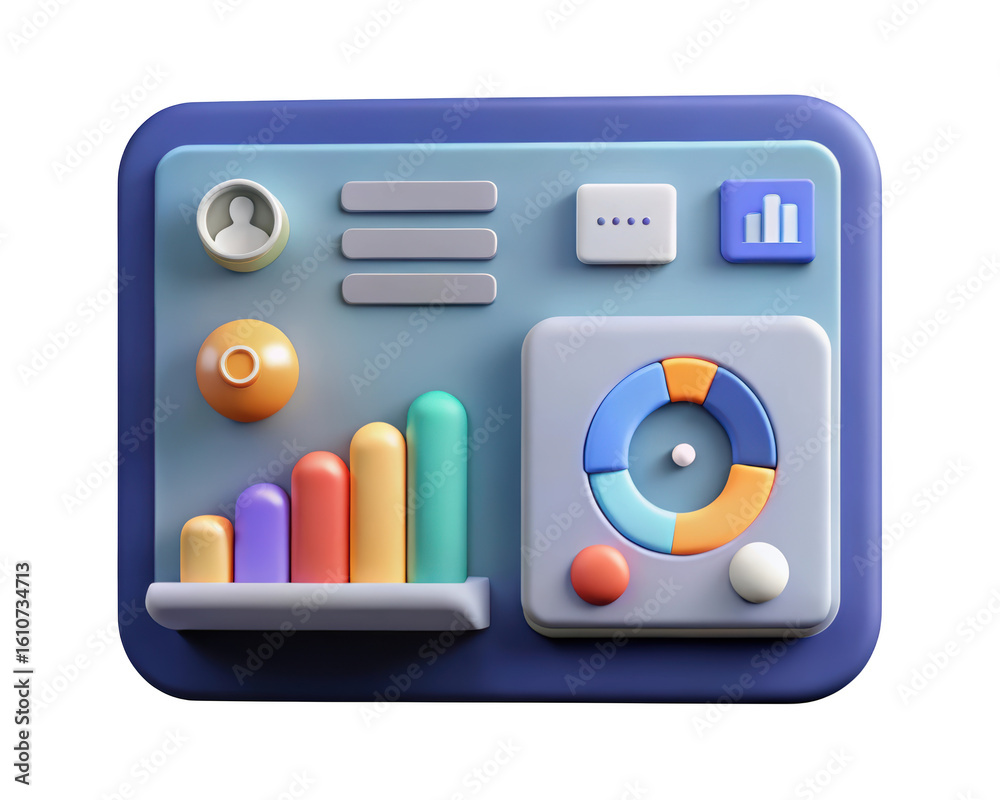 Poster 3d rendered business analytics interface with bar graph and pie chart showing data visualization and