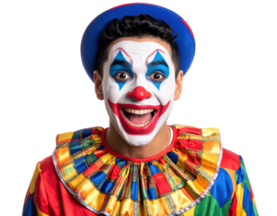 Happy clown with colorful costume and face paint smiling widely