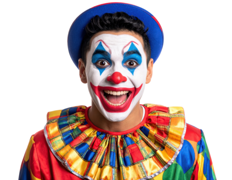 Happy clown with colorful costume and face paint smiling widely