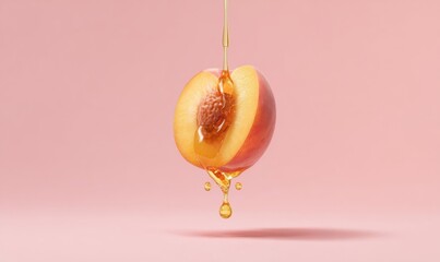 Premium Single Halved Peach Dripping Golden Honey on Pastel Pink Background Minimalist Food for Modern Lifestyle Marketing and Social Media