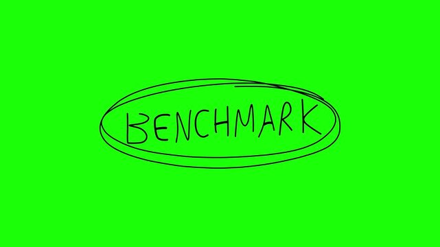 Benchmark word handwritten with circle marking on green screen