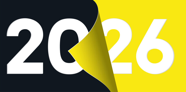 Happy new year 2026 abstract template vector design on  black and yellow background with curled page showing 2026. 2026 typography vector illustration.