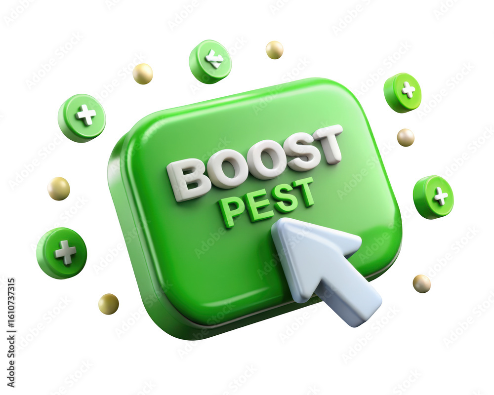 Poster boost pest control button with arrow and green design element with plus signs surrounding against ba