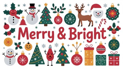 Fototapeta premium A cheerful christmas banner with the words merry bright surrounded by festive icons like snowmen, decorated trees, reindeer, santa, and ornaments, embodying the holiday spirit
