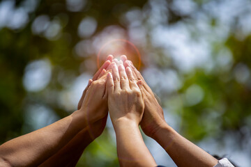 Teamwork Concept,Group of diversity people to greeting power tag team,Teamwork Join Hands...