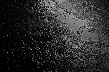 Bouncing raindrops create ripples on a rain-soaked surface at night in a quiet urban area, Raindrops bouncing off the surface of a rain-soaked asphalt road surface