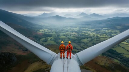 Technicians Standing on Wind Turbine Overlooking Scenic Valley Below - Powered by Adobe